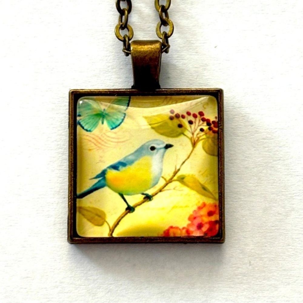 20mm x 20mm Blue Bird Pendant Necklace, Unworn, NWT, Handmade